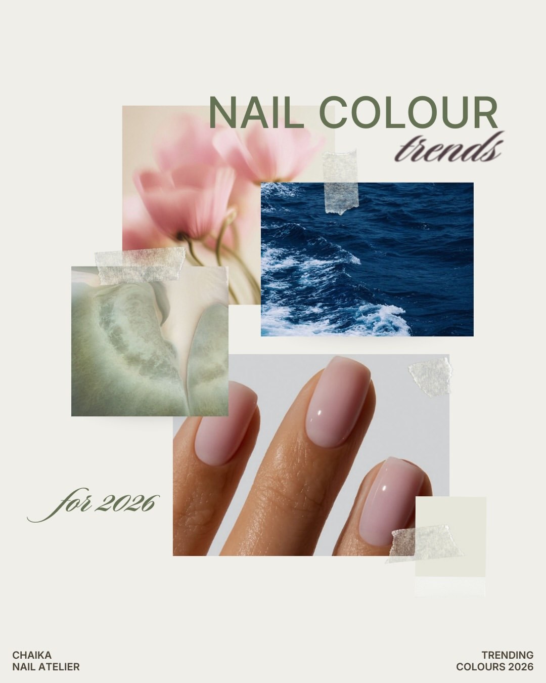 Nail colour trends for 2026 — Ocean Blue, Oyster Grey, Spiritual Sage & Pinky Sheers — slide 1